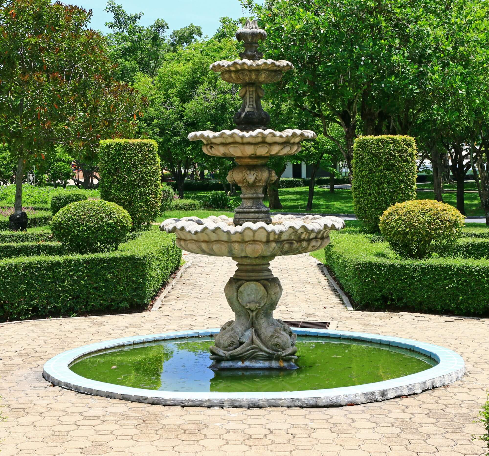 A fountain in a garden