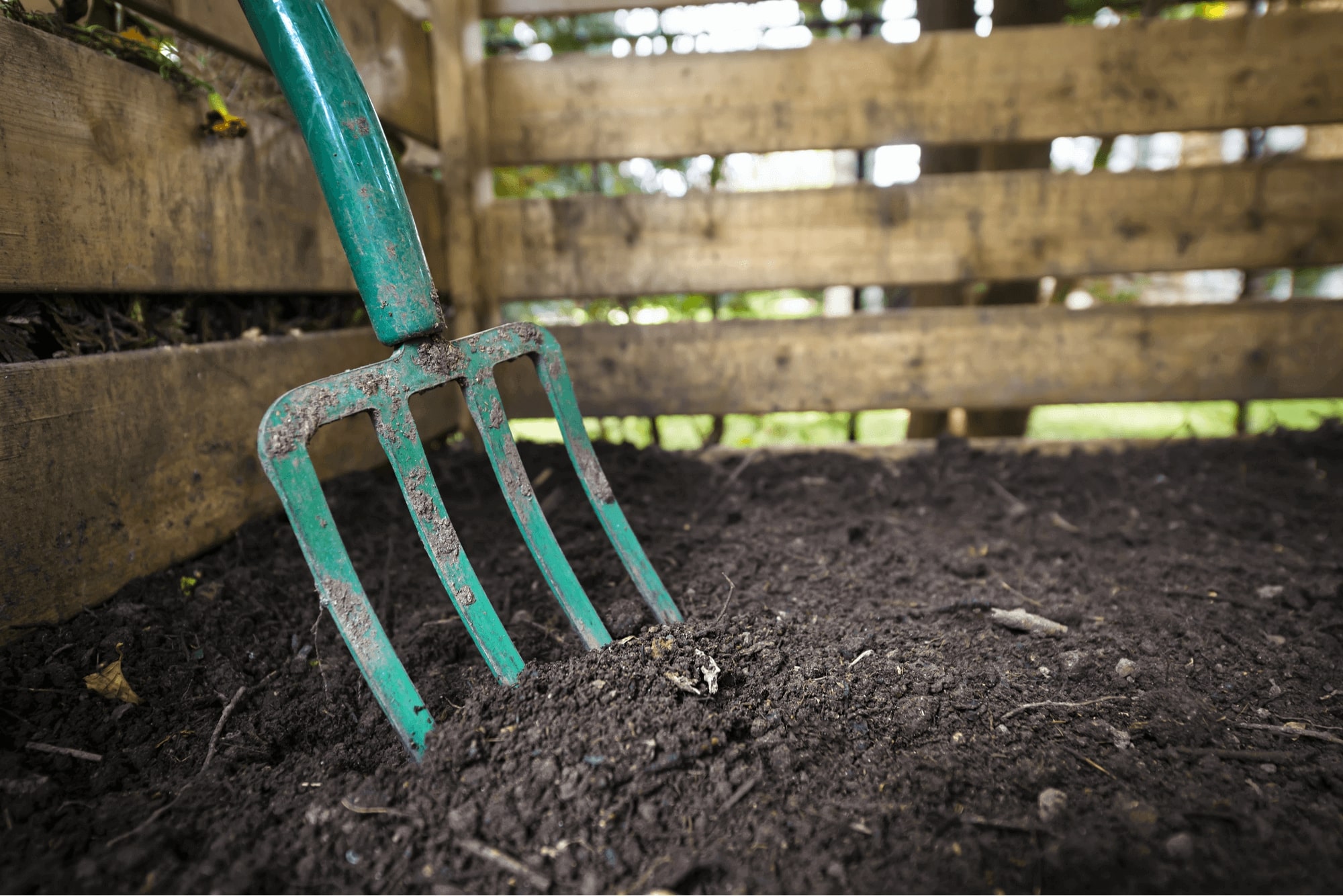 A garden fork in a compost bin