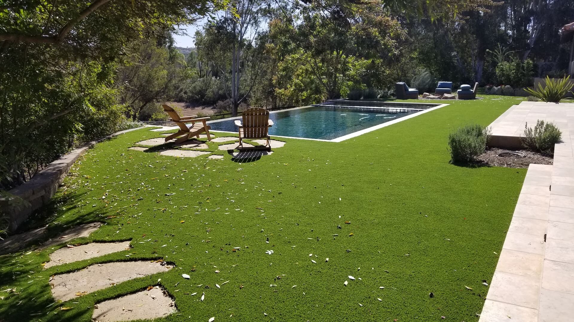 A backyard with a swimming pool and artificial grass